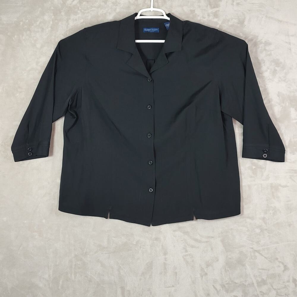 Karen Scott Women's 2X Black 3/4 Sleeve Button-Down Camp Shirt Blouse